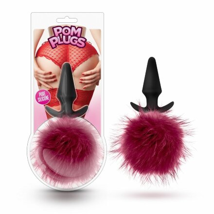Силиконовая анальная пробка с бордовым заячьим хвостом Fur Pom Pom - 12,7 см. 