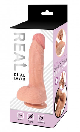 Телесный фаллоимитатор-реалистик с мошонкой Real Dual Layer - 21,5 см. 