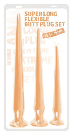 Набор из 3 телесных удлиненных анальных пробок Super Long Flexible Butt Plug Set 