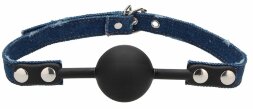Черный кляп-шарик With Roughend Denim Straps с синими джинсовыми ремешками