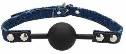 Черный кляп-шарик With Roughend Denim Straps с синими джинсовыми ремешками 