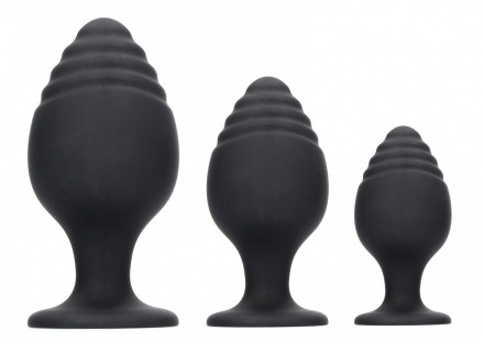 Набор из 3 черных анальных пробок Rippled Butt Plug Set 