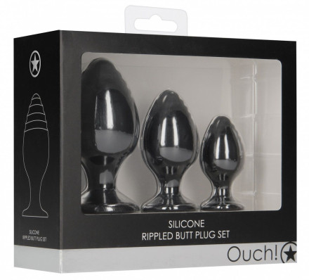 Набор из 3 черных анальных пробок Rippled Butt Plug Set 