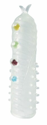 Закрытая белая насадка на пенис Crystal Sleeve с шариками и усиками - 14 см. 