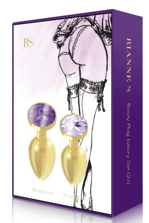 Набор из 2 золотистых анальных пробок с фиолетовыми кристаллами Booty Plug Original Luxury Set 