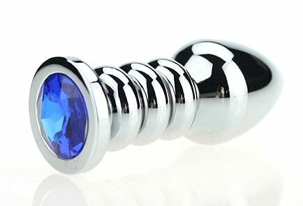 Серебристая фигурная анальная пробка с синим кристаллом - 10,3 см. 