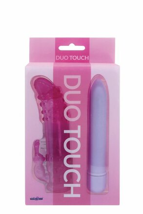 Фиолетовый классический вибратор с эластичной насадкой DUO TOUCH 