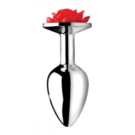 Серебристая анальная пробка с розой Red Rose Butt Plug - 8 см. 