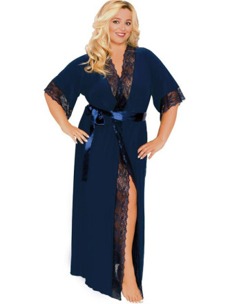 Длинный пеньюар plus size с изящным кружевом и атласным поясом 