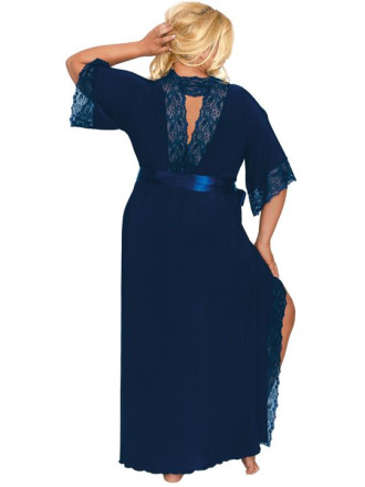 Длинный пеньюар plus size с изящным кружевом и атласным поясом 