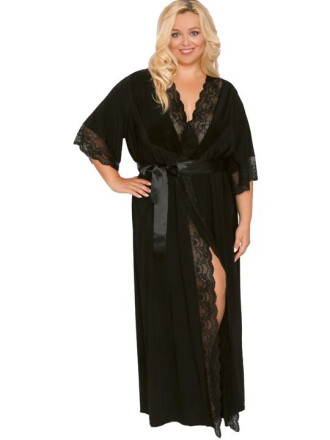 Длинный пеньюар plus size с изящным кружевом и атласным поясом 