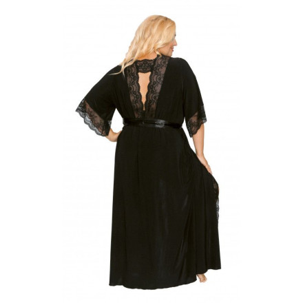 Длинный пеньюар plus size с изящным кружевом и атласным поясом 