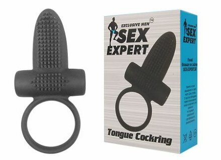 Чёрное эрекционное кольцо с вибрацией и язычком Sex Expert 