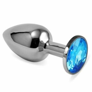 Серебряная металлическая анальная пробка с голубым стразиком - 7,6 см. 