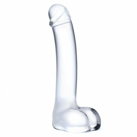 Прозрачный стеклянный фаллос с мошонкой Curved G-Spot - 18 см. 