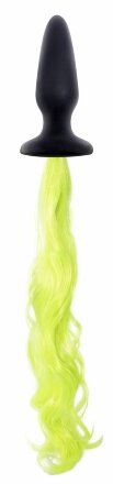 Чёрная анальная пробка с неоново-жёлтым хвостом Unicorn Tails Yellow - 9,9 см. 