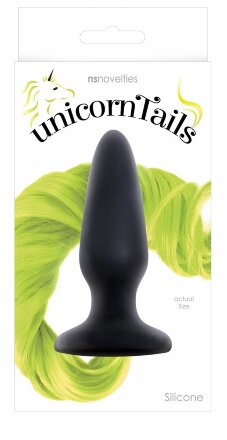 Чёрная анальная пробка с неоново-жёлтым хвостом Unicorn Tails Yellow - 9,9 см. 
