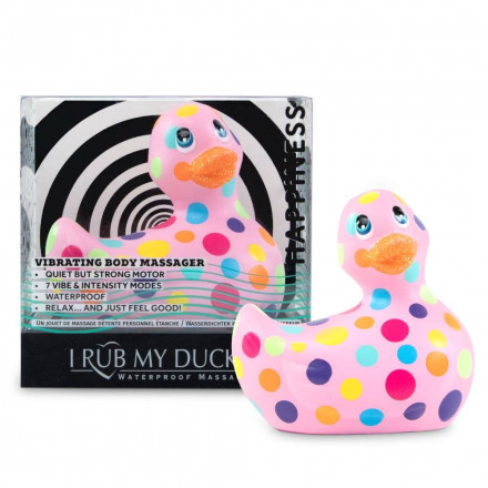 Розовый вибратор-уточка I Rub My Duckie 2.0 Happiness в разноцветный горох 