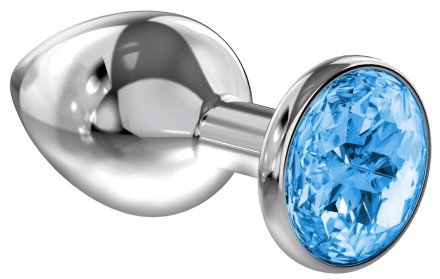 Большая серебристая анальная пробка Diamond Light blue Sparkle Large с голубым кристаллом - 8 см. 