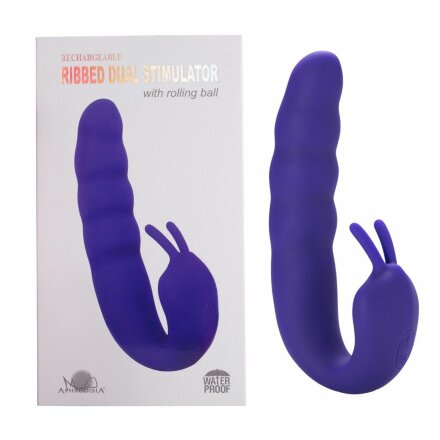 Фиолетовый вибратор Ribbed Dual Stimulator with Rolling Ball - 17 см. 