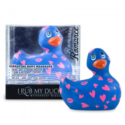 Синий вибратор-уточка I Rub My Duckie 2.0 Romance с розовым принтом 