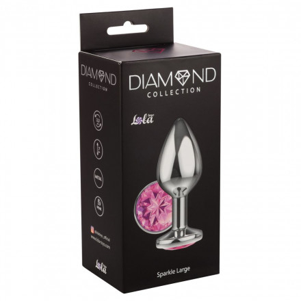 Большая серебристая анальная пробка Diamond Pink Sparkle Large с розовым кристаллом - 8 см. 