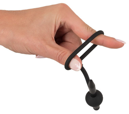 Черный силиконовый дилятор с вибрацией и кольцом PenisPlug with a Glans Ring &amp; Vibration 