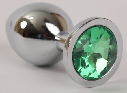 Серебристая анальная пробка с зеленым стразом - 9,5 см. 