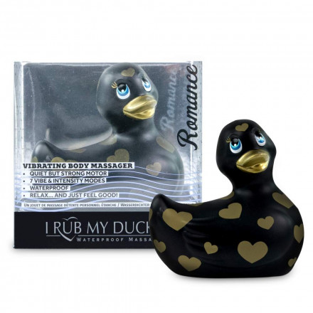 Черный вибратор-уточка I Rub My Duckie 2.0 Romance с золотистым принтом 