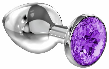 Большая серебристая анальная пробка Diamond Purple Sparkle Large с фиолетовым кристаллом - 8 см. 
