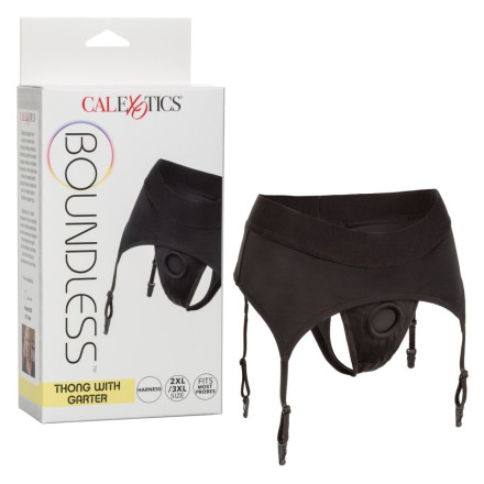 Черные трусики для страпона Thong with Garter размера 2XL/3XL 