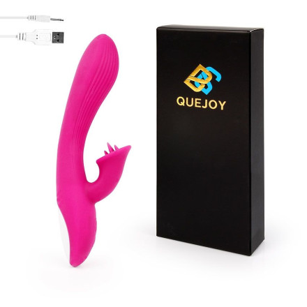Ярко-розовый рельефный вибратор-кролик QUEJOY - 25 см. 