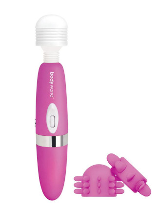 Розовый ротационный жезловый вибратор с двумя насадками 360° Spinning Head Wand Massager Set 