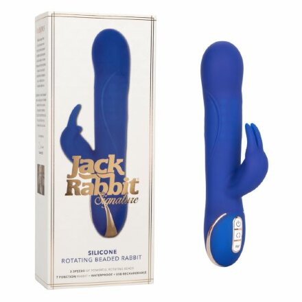 Синий вибратор Signature Silicone Rotating Beaded Rabbit с клиторальным отростком - 22,75 см. 