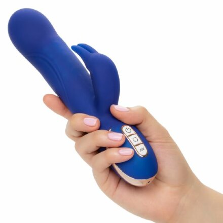 Синий вибратор Signature Silicone Rotating Beaded Rabbit с клиторальным отростком - 22,75 см. 
