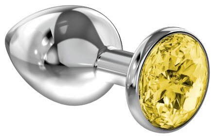 Малая серебристая анальная пробка Diamond Yellow Sparkle Small с жёлтым кристаллом - 7 см. 