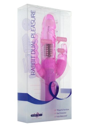 Розовый вибратор RABBIT DUAL PLEASURE с клиторальным и анальным стимуляторами - 22 см. 