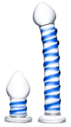 Набор из 2 стеклянных игрушек с синей спиралью Swirly Dildo &amp; Buttplug Set 