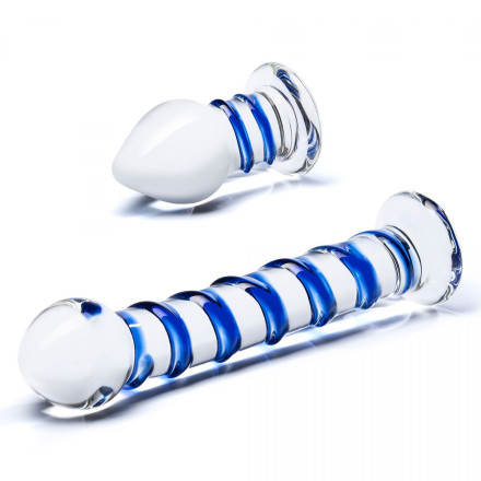 Набор из 2 стеклянных игрушек с синей спиралью Swirly Dildo &amp; Buttplug Set 