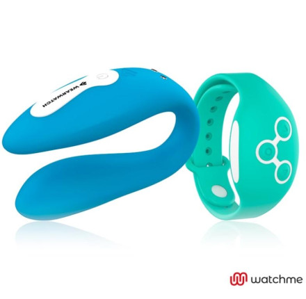 Голубой вибратор для пар с зеленым пультом-часами Weatwatch Dual Pleasure Vibe 
