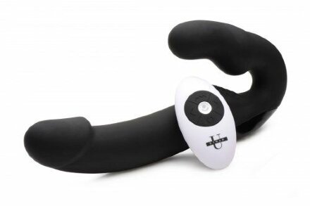 Черный безремневой страпон Urge Silicone Strap On с пультом ДУ - 24 см. 