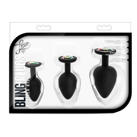 Набор из 3 черных анальных пробок с радужным кристаллом Bling Plugs Training Kit 