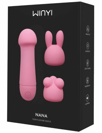 Нежно-розовый мини-вибратор Nana с 3 насадками - 10,6 см. 