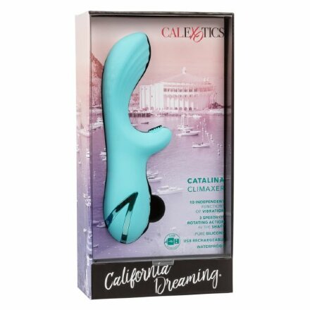 Голубой вибратор-ротатор с клиторальным отростком Catalina Climaxer - 20,25 см. 