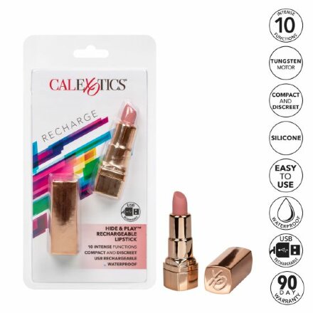 Золотистый вибратор-помада с бежевым мягким кончиком Hide &amp; Play Rechargeable Lipstick 