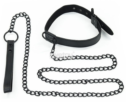 Черный ошейник Bondage Fetish Black Matt Collar With Leash с цепочкой-поводком 