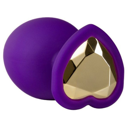 Фиолетовая анальная пробка с золотистым кристаллом-сердцем Bling Plug Small - 7,6 см. 