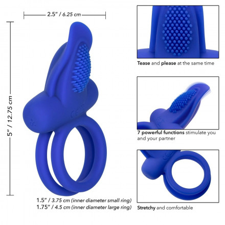 Синее перезаряжаемое эрекционное кольцо Silicone Rechargeable Dual Pleaser Enhancer 