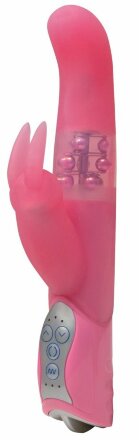 Розовый вибратор Smile Pearl Bunny с загнутой головкой и клиторальным зайчиком - 26 см. 