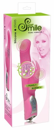 Розовый вибратор Smile Pearl Bunny с загнутой головкой и клиторальным зайчиком - 26 см. 